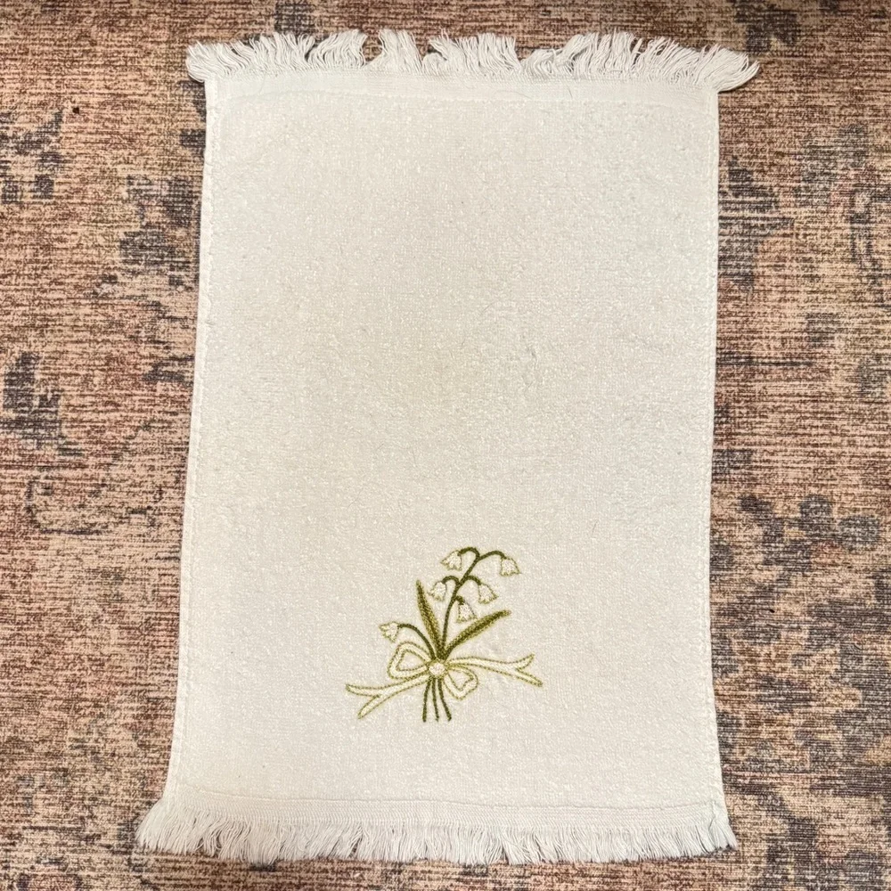 White Hand Towel With Embroidered Lily Of The Valley